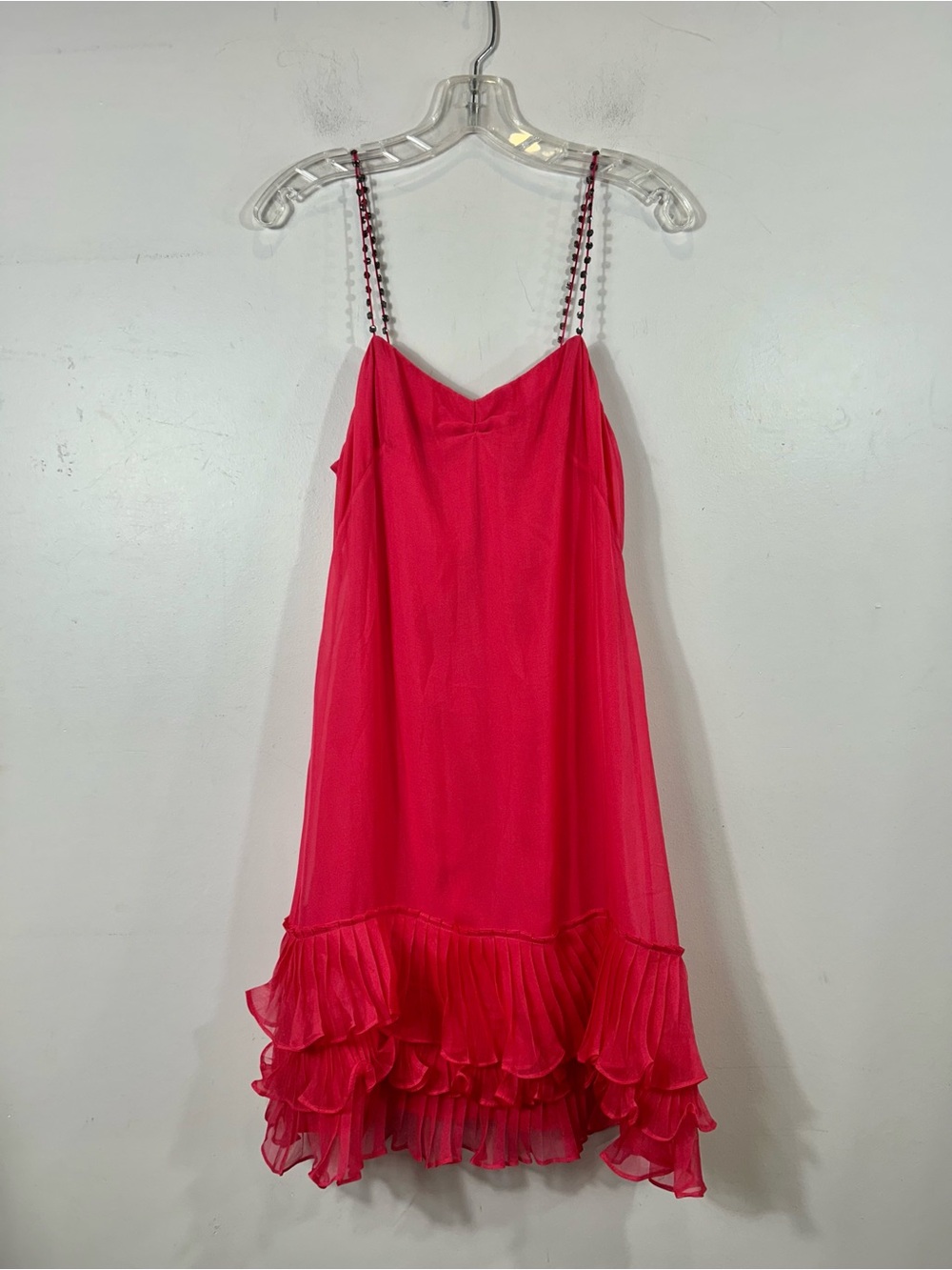 Rebecca Taylor 100% Silk Hot Pink Beaded Strap Tiered Ruffle Mini Dress